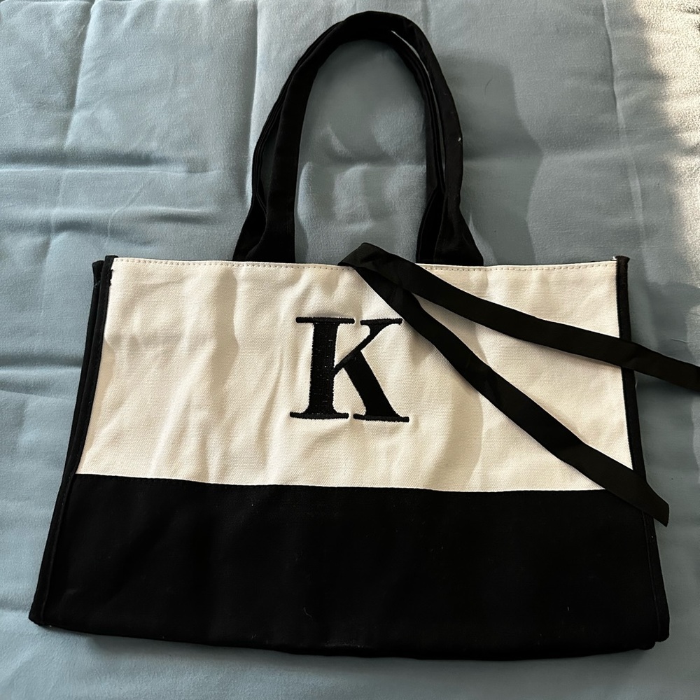 K canvas black & cream classic tote with ribbon closure  - brand new w/out tags